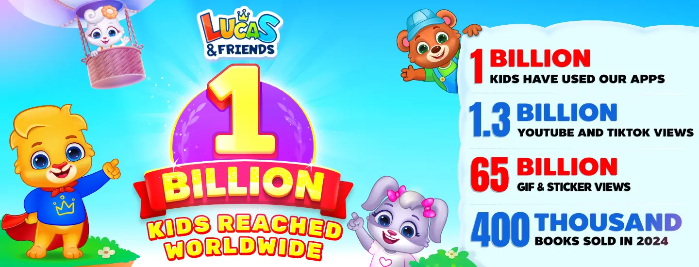 Lucas & Friends characters celebrate 1 billion global reach, highlighting 24 billion GIF views, 700 million YouTube views, and more.