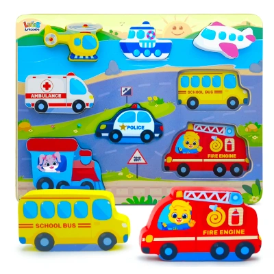 Wooden vehicle puzzles, educational learning toys for children by Lucas & Friends.