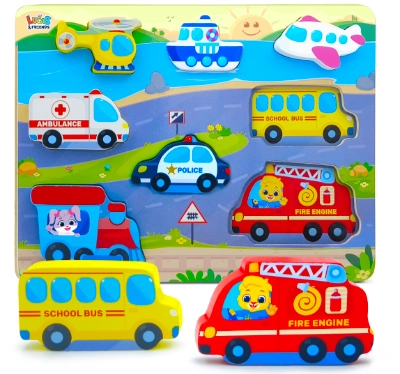 Wooden vehicle puzzles, educational learning toys for children by Lucas & Friends.