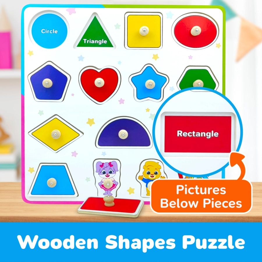 Wooden shape puzzle for kids, featuring large knobs and non-toxic paint, perfect for gifting purpose