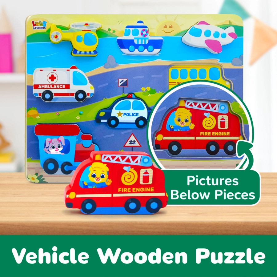 Colorful wooden puzzle board with different vehicle shapes