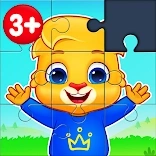 Engaging image of Puzzle Kids app, featuring colorful puzzles for kids, including shape matching and jigsaw puzzles with rewards.