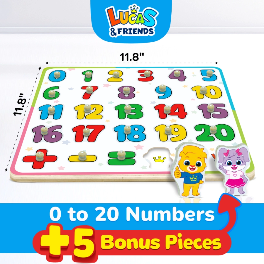 Wooden number puzzle featuring 0-20 and basic arithmetic symbols with 5 additional pieces and features Lucas & Ruby