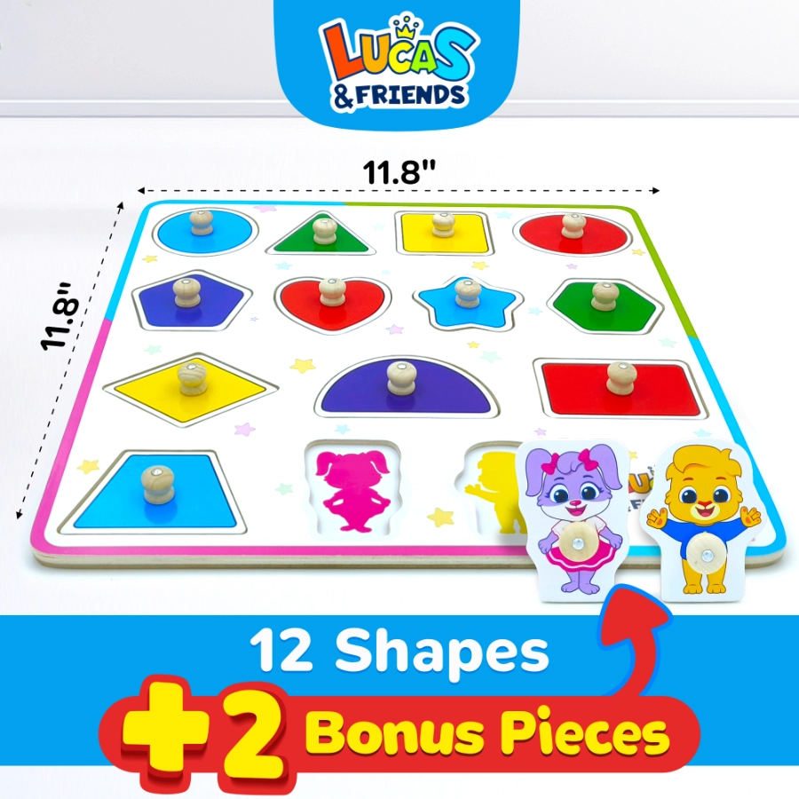 Lucas and Friends wooden peg puzzle with 12 shapes and 2 Bonus pieces featuring Lucas and Ruby