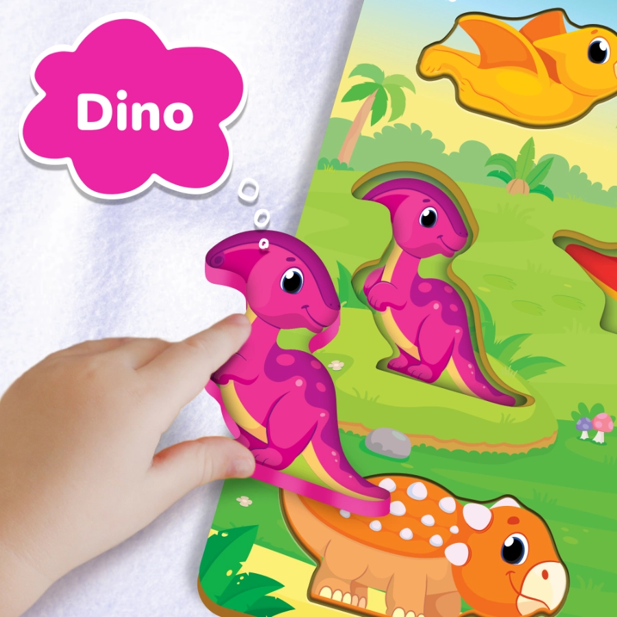 Child playing with wooden dino puzzle toy by lucas and friends