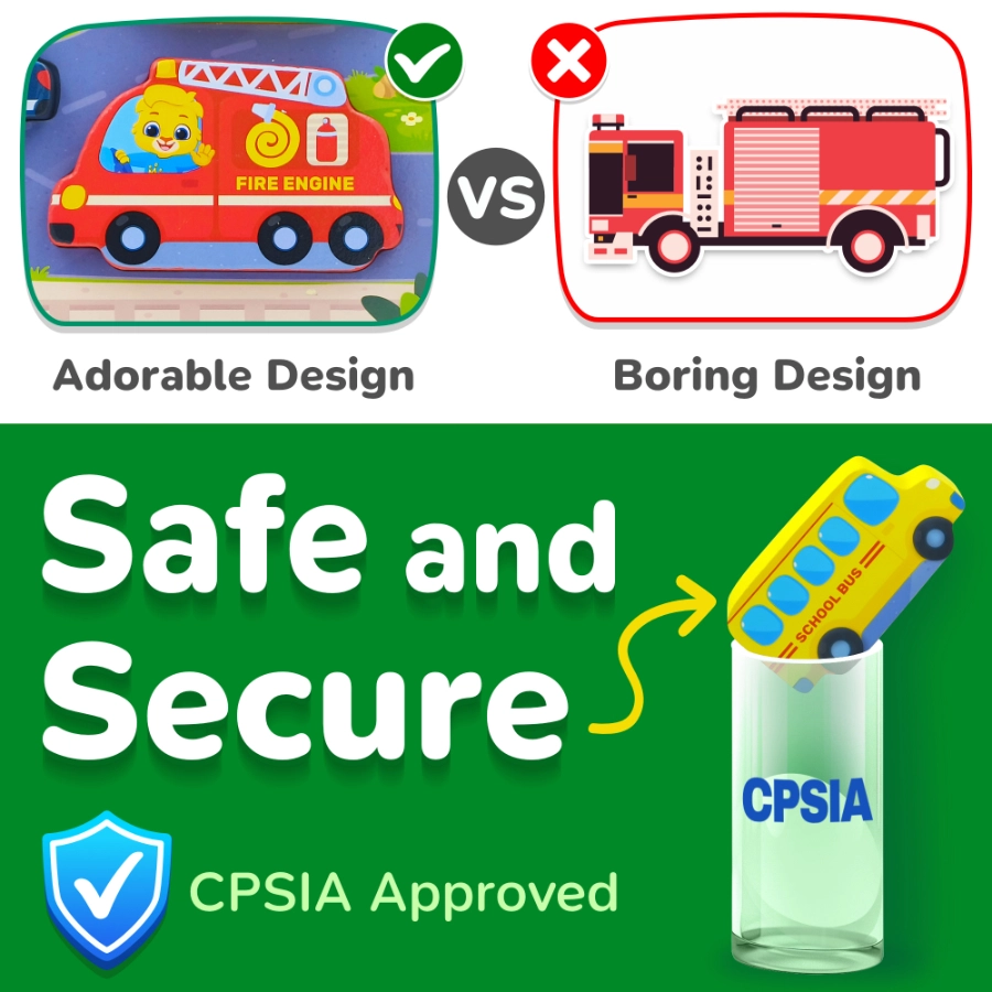 Safe and secure wooden vehicle puzzle for kids with CPSIA approved